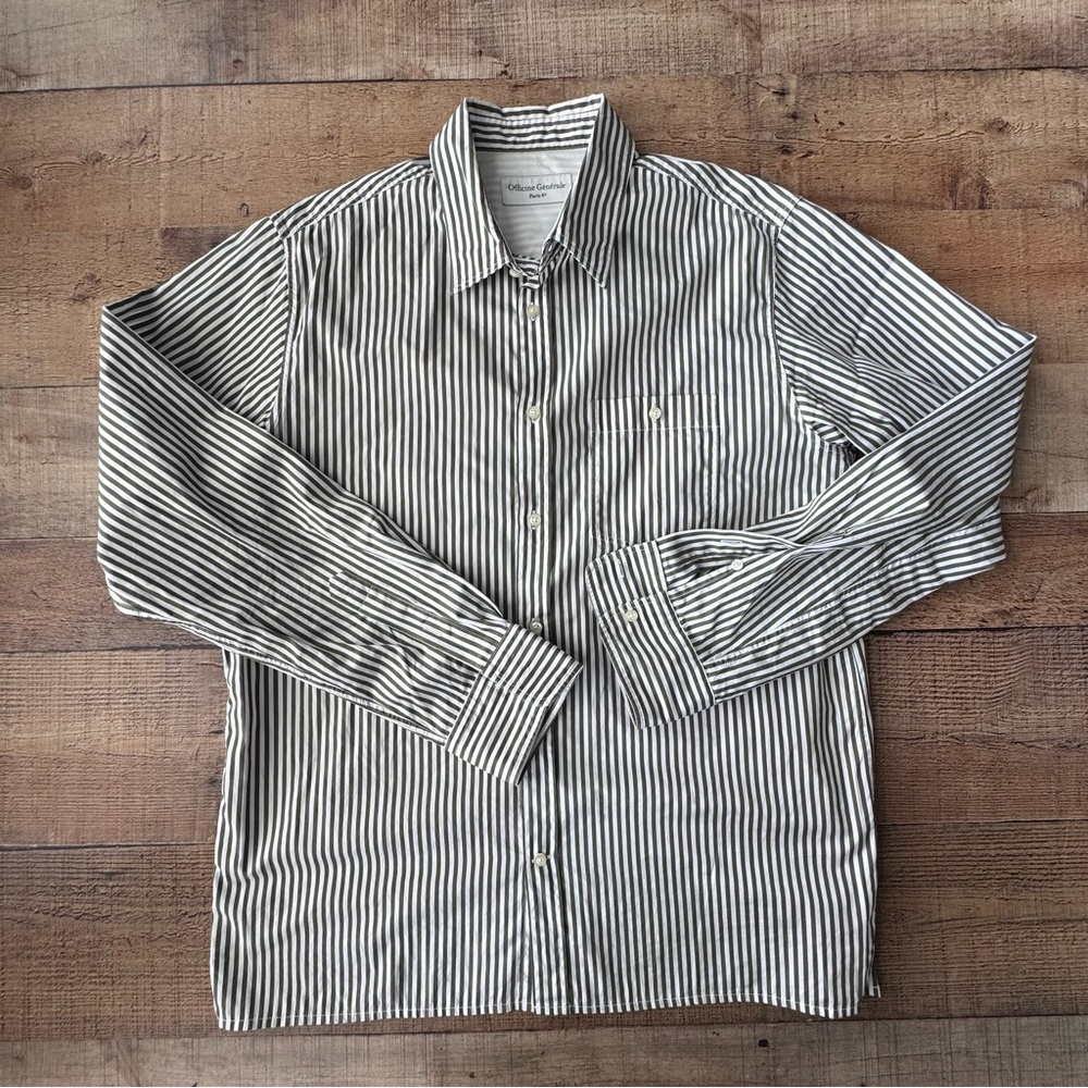 Officine Generale Olive and White Striped Button-Down Shirt